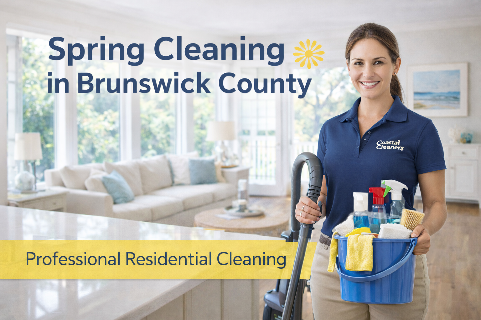 Professional cleaner in navy polo and khaki pants providing spring cleaning in a bright Brunswick County NC home