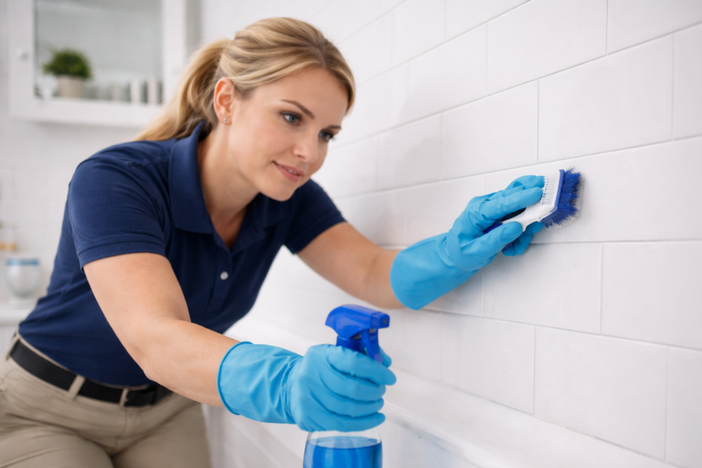 Deep cleaning service removing buildup from bathroom tile in Brunswick County NC
