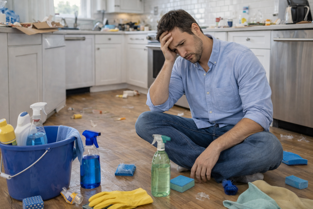 Overwhelmed homeowner struggling with cleaning tasks