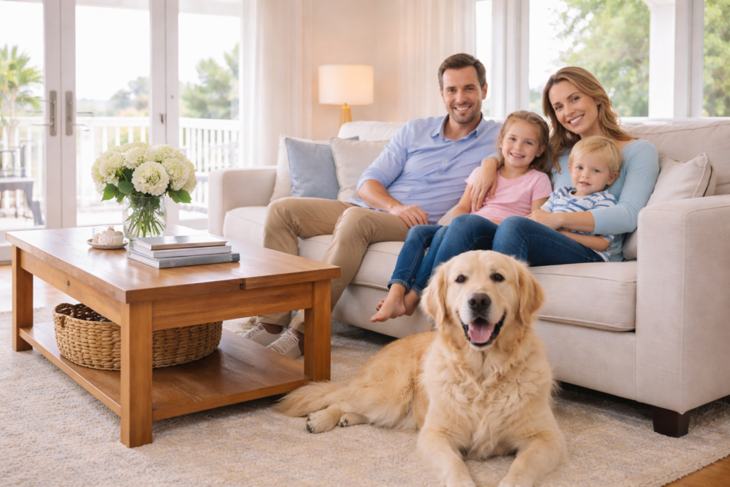Family relaxing in clean home after residential cleaning service