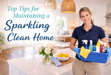 Professional residential cleaning service in Brunswick County NC with cleaner in navy uniform holding supplies