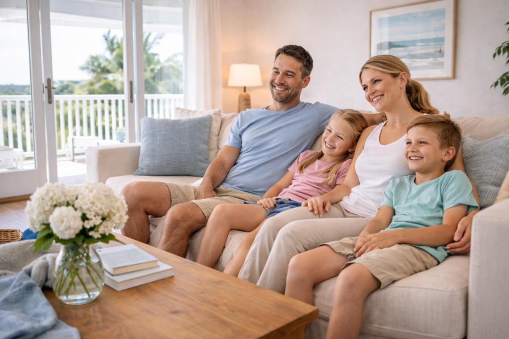 Family relaxing in clean coastal vacation rental living room