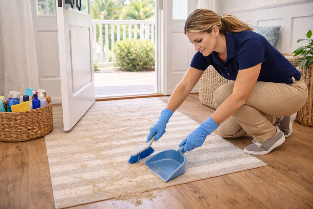 Professional cleaner sweeping sand from coastal home entryway in Brunswick County NC