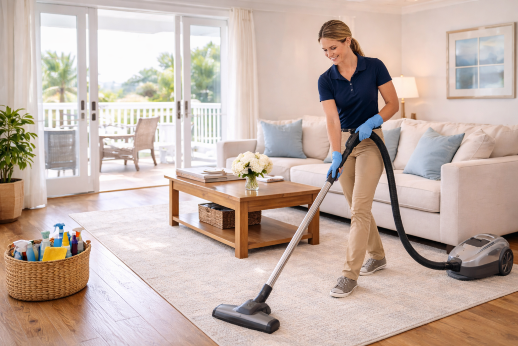 Professional cleaner vacuuming coastal living room in Brunswick County NC home