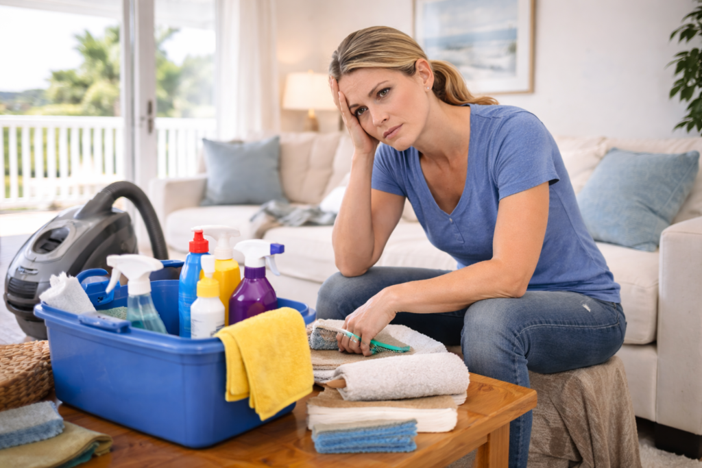 Tired homeowner surrounded by cleaning supplies in messy coastal home
