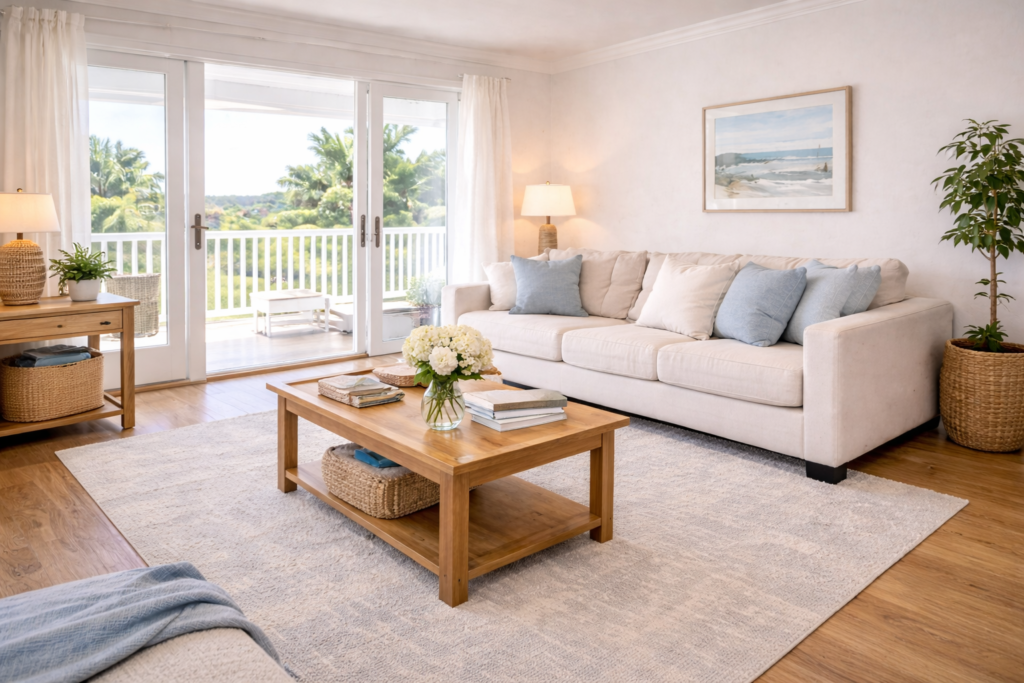 Bright clean coastal home interior with sunlight and fresh decor