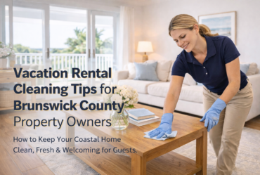 Professional female cleaner in navy polo and khaki pants cleaning a coastal living room in Brunswick County NC vacation rental