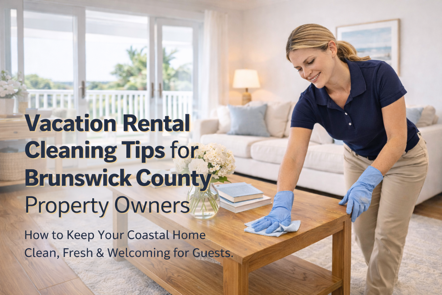 Professional female cleaner in navy polo and khaki pants cleaning a coastal living room in Brunswick County NC vacation rental
