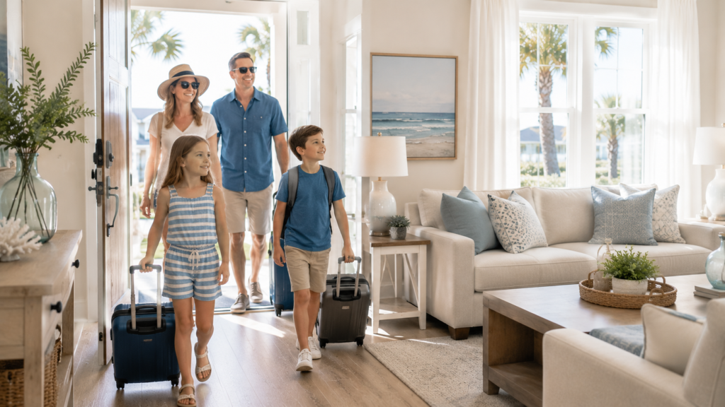 Happy guests entering clean luxury vacation rental in Brunswick County NC