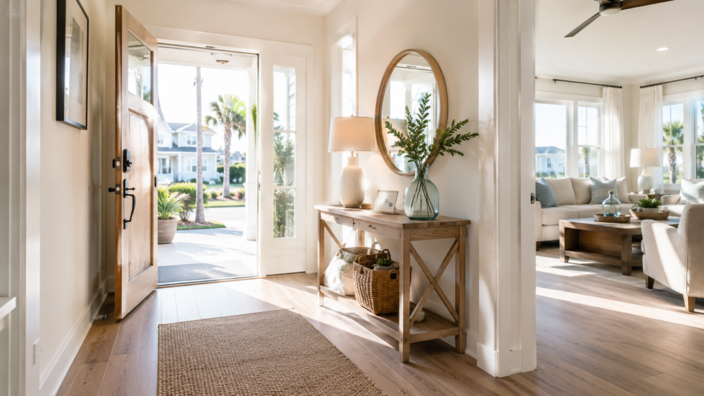 Luxury vacation rental entryway in Brunswick County NC with hotel-style presentation
