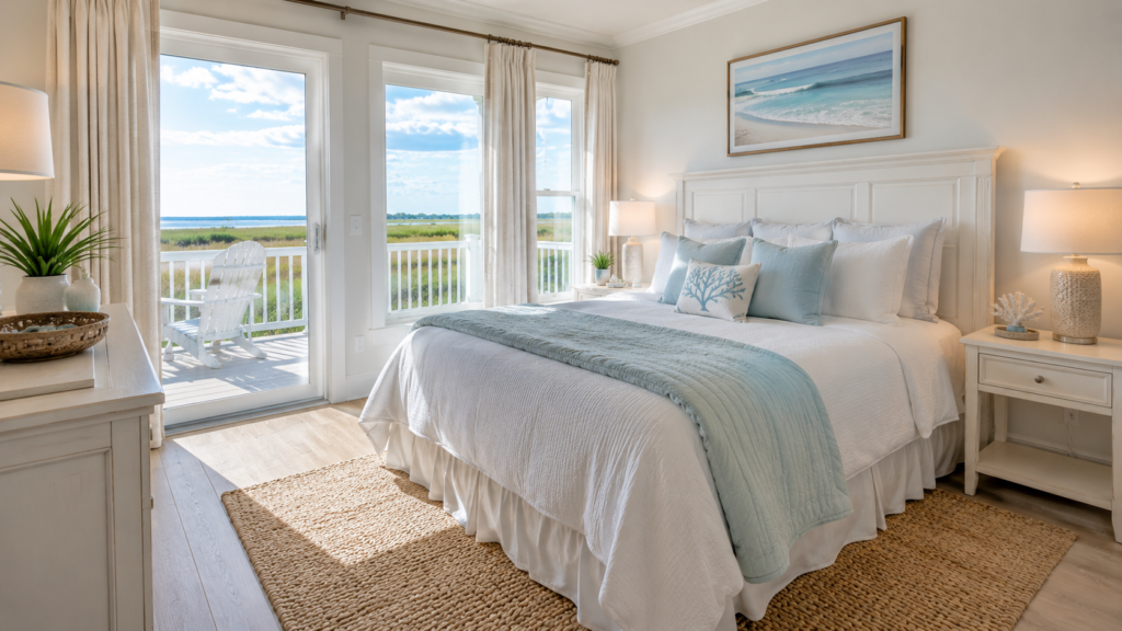 Clean coastal vacation rental bedroom in Brunswick County NC ready for guests