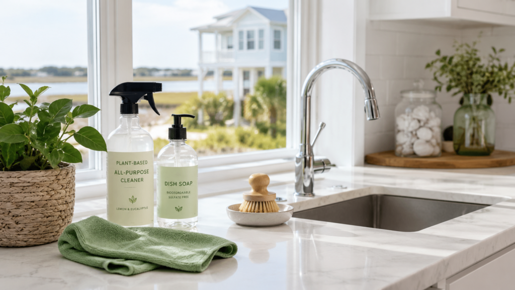 Eco-friendly cleaning products on a clean kitchen counter in a Brunswick County NC home