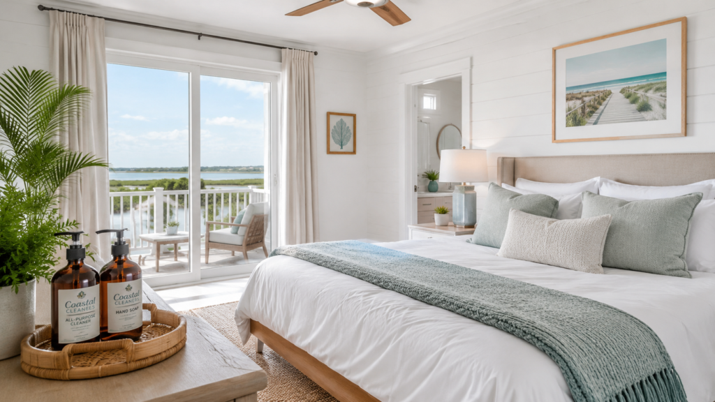 Clean coastal vacation rental bedroom in Brunswick County NC with eco-friendly cleaning products