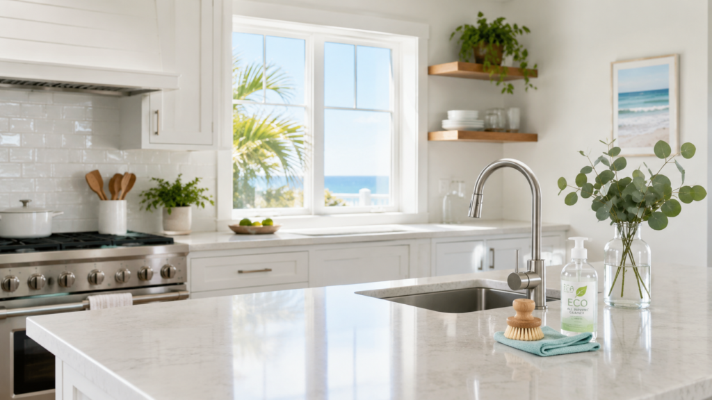 Clean coastal kitchen showing effective eco-friendly home cleaning in Brunswick County NC