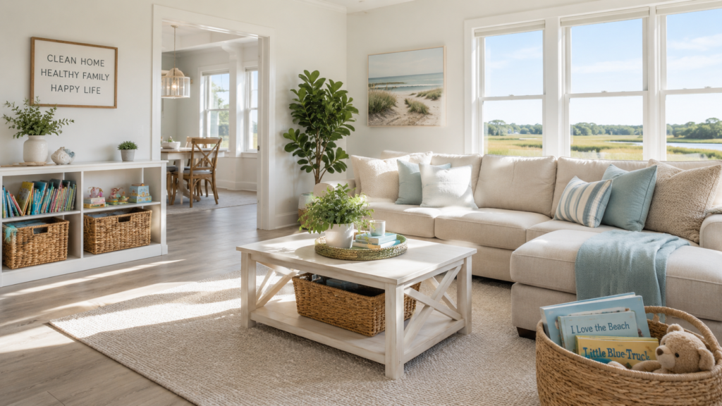 Bright clean family living room in Brunswick County NC with a healthy and welcoming atmosphere