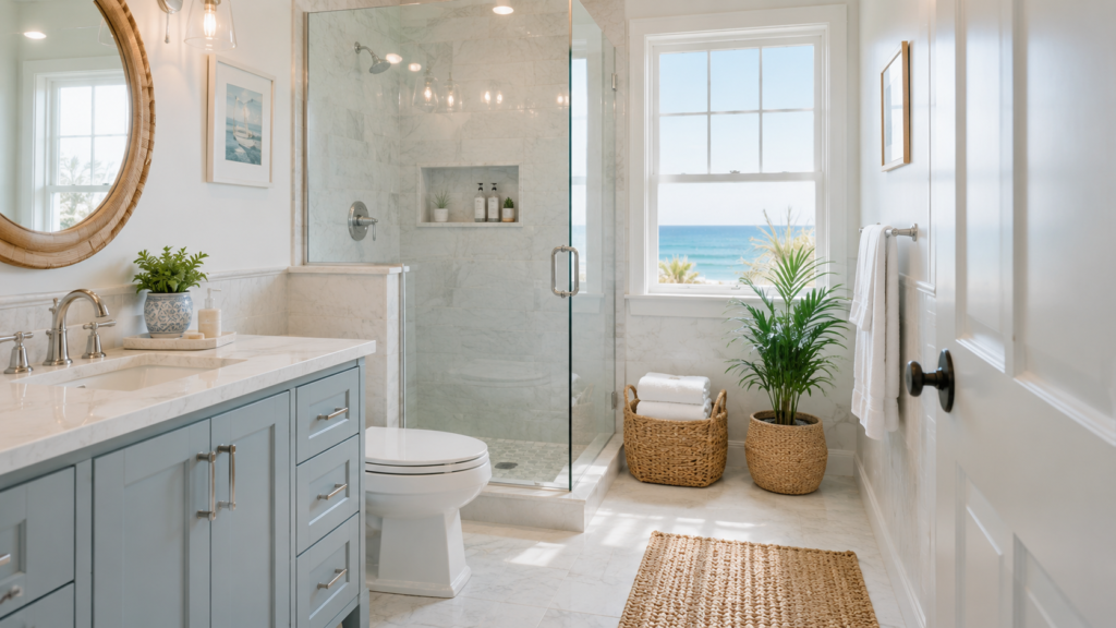 Bright coastal bathroom in Brunswick County NC showing humidity cleaning needs