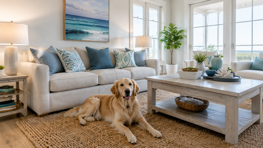 Dog relaxing in a clean coastal Brunswick County NC home after pet-friendly cleaning