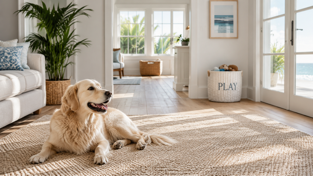 Dog relaxing in a clean coastal Brunswick County NC home after pet-safe eco-friendly cleaning