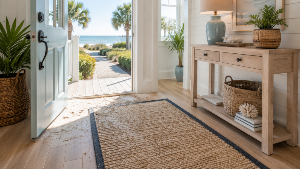 Sand near coastal home entryway in Brunswick County NC affecting cleaning needs