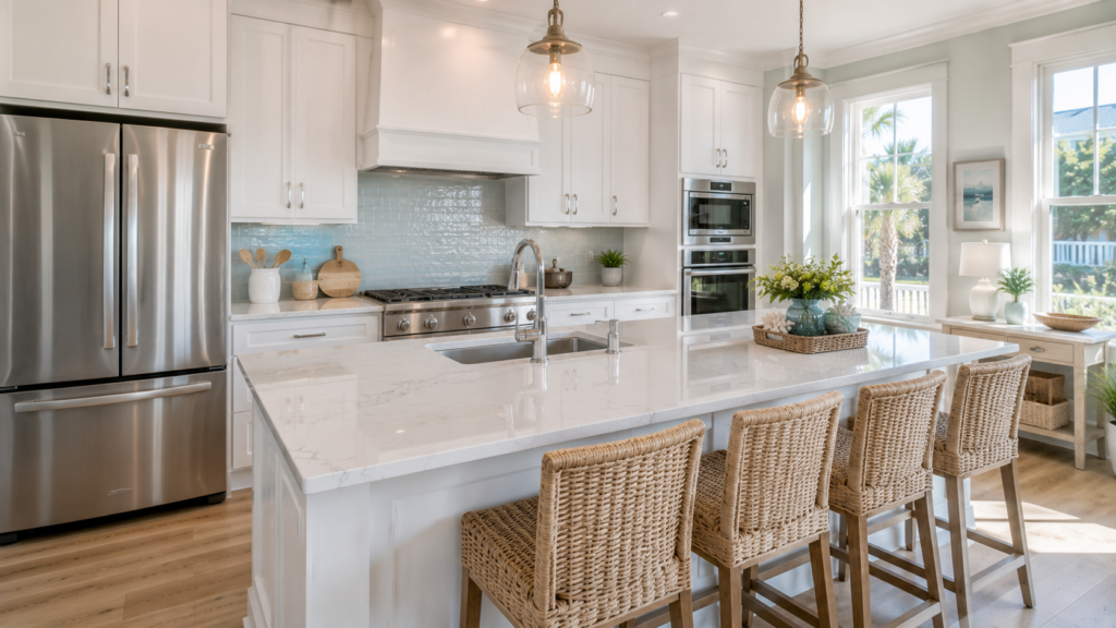 Spotless coastal kitchen in Brunswick County NC showing kitchen cleaning cost factors