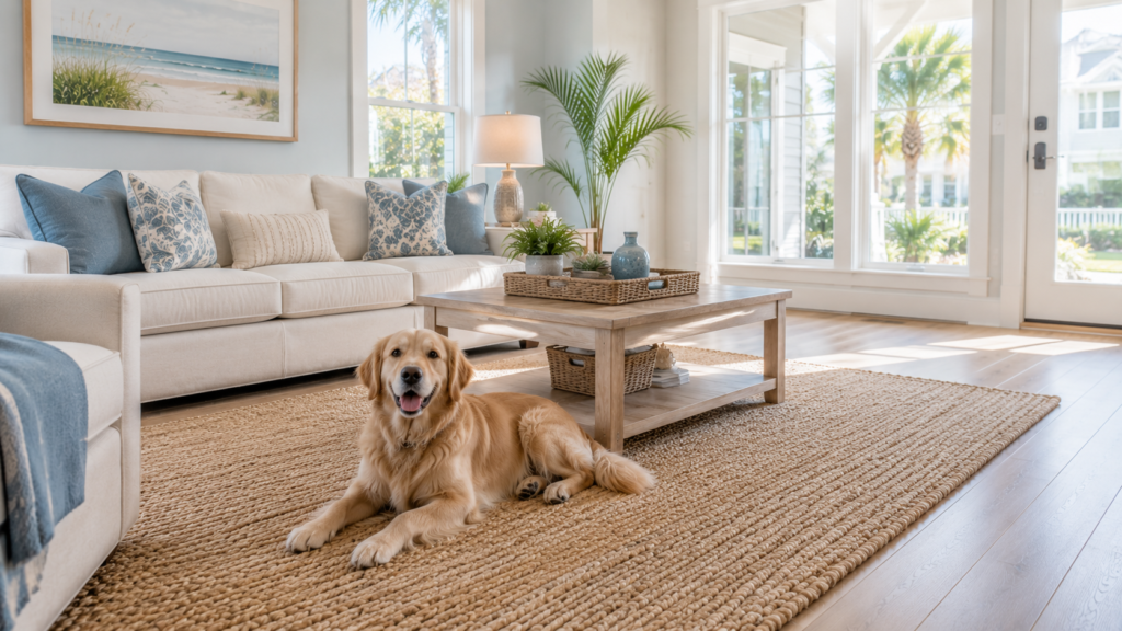 Dog relaxing in clean Brunswick County NC coastal home after pet-friendly cleaning