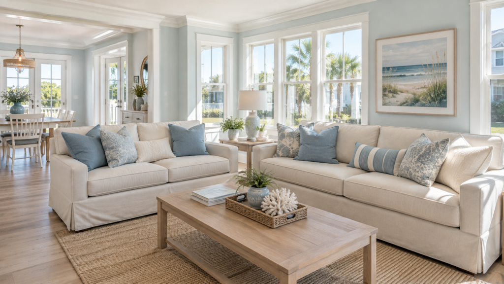 Clean coastal living room in Brunswick County NC maintained by recurring cleaning services