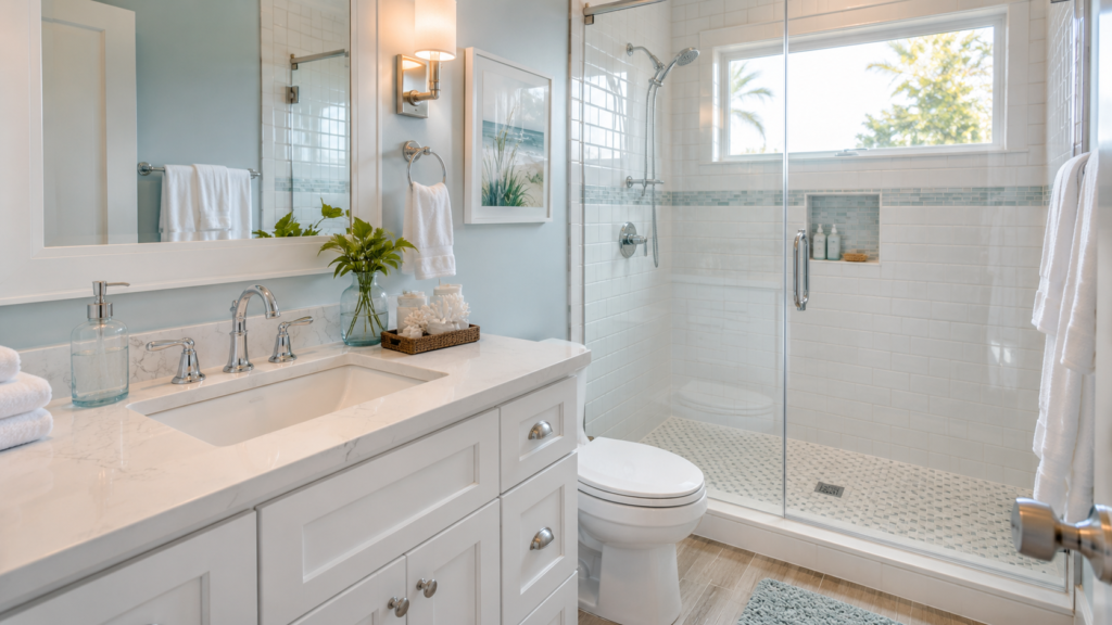 Clean coastal bathroom showing the difference between standard cleaning and deep cleaning