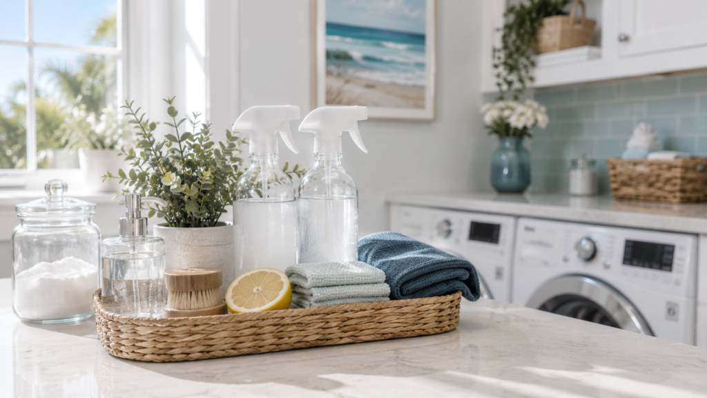Eco-friendly cleaning supplies in a Brunswick County NC coastal home