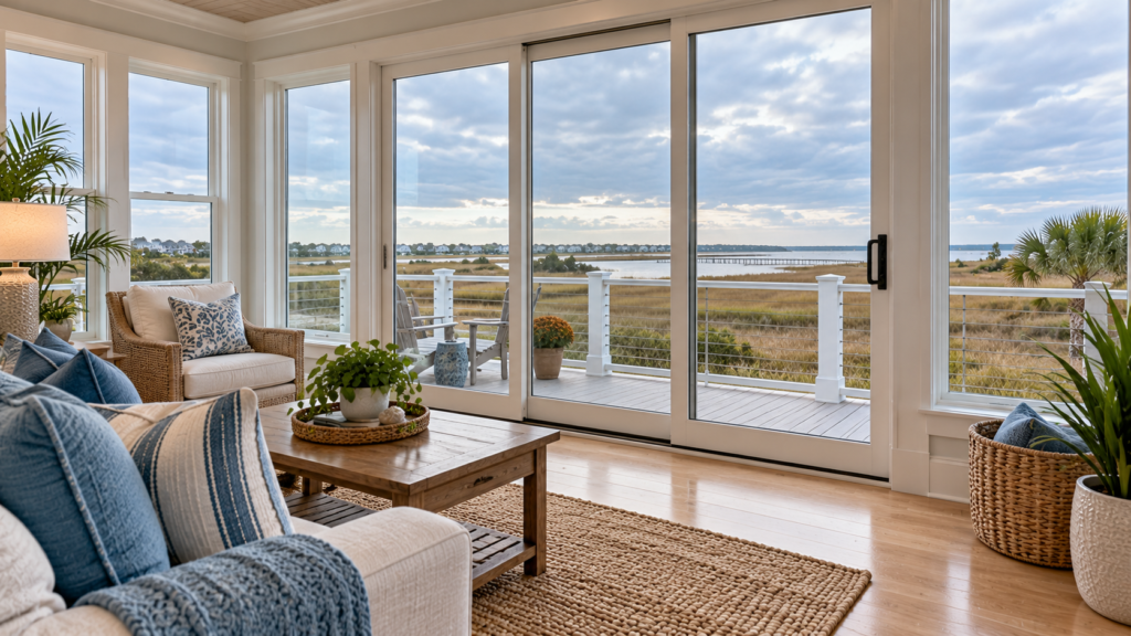 Clean coastal vacation rental patio doors and interior during fall weather