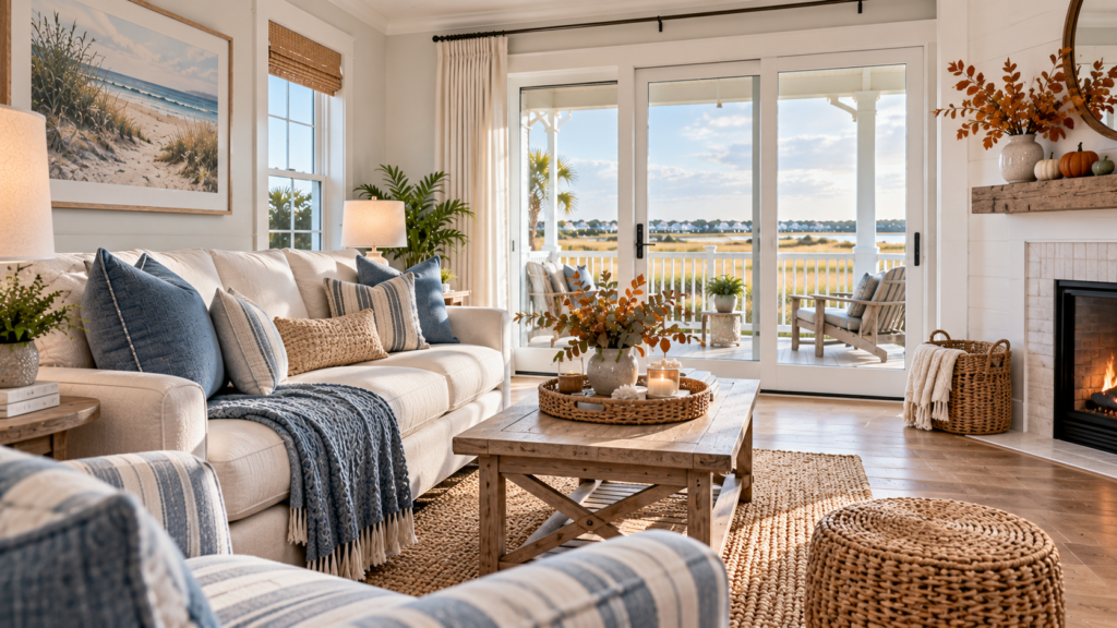 Freshly restaged Brunswick County coastal vacation rental living room with blue pillows and cozy fall accents