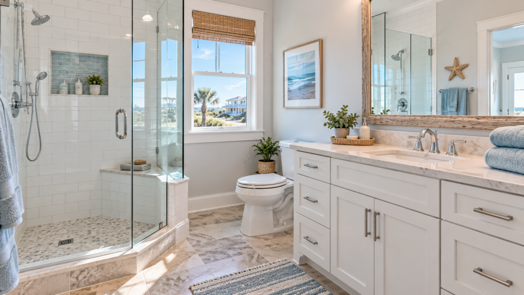 Clean coastal vacation rental bathroom with polished shower fixtures and fresh towels