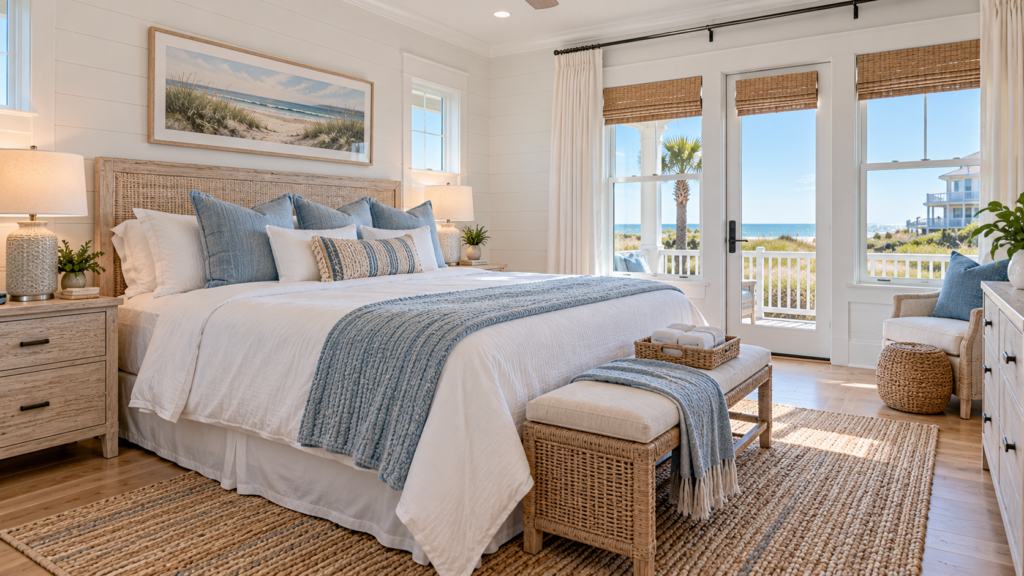 Freshly prepared coastal vacation rental bedroom with white linens and blue accents