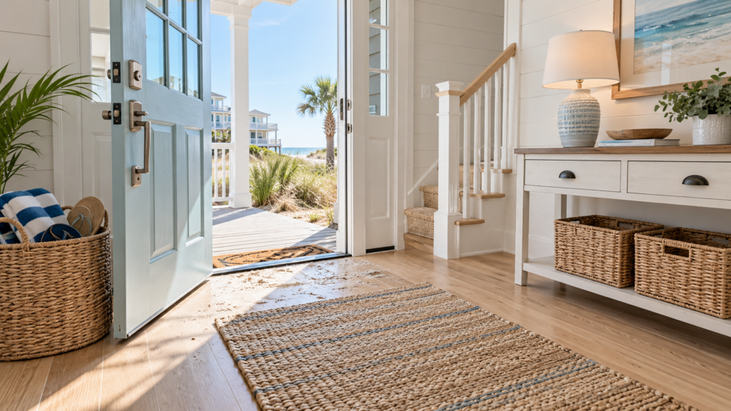 Clean beach rental entryway with light floors and woven rug in Brunswick County NC