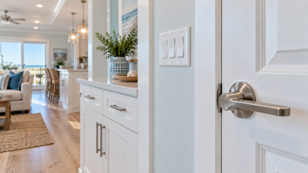 Polished door handle and high-touch surfaces in a clean coastal vacation rental